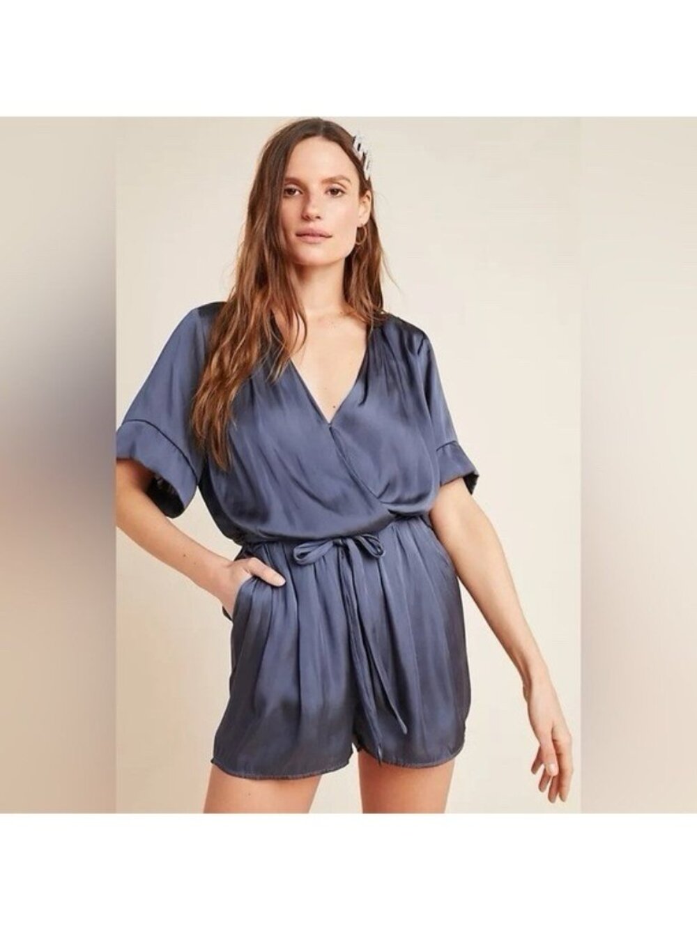 Paige Romper Womens Jourdie Blue Crossover V Neck Short Flutter Waist Size Small